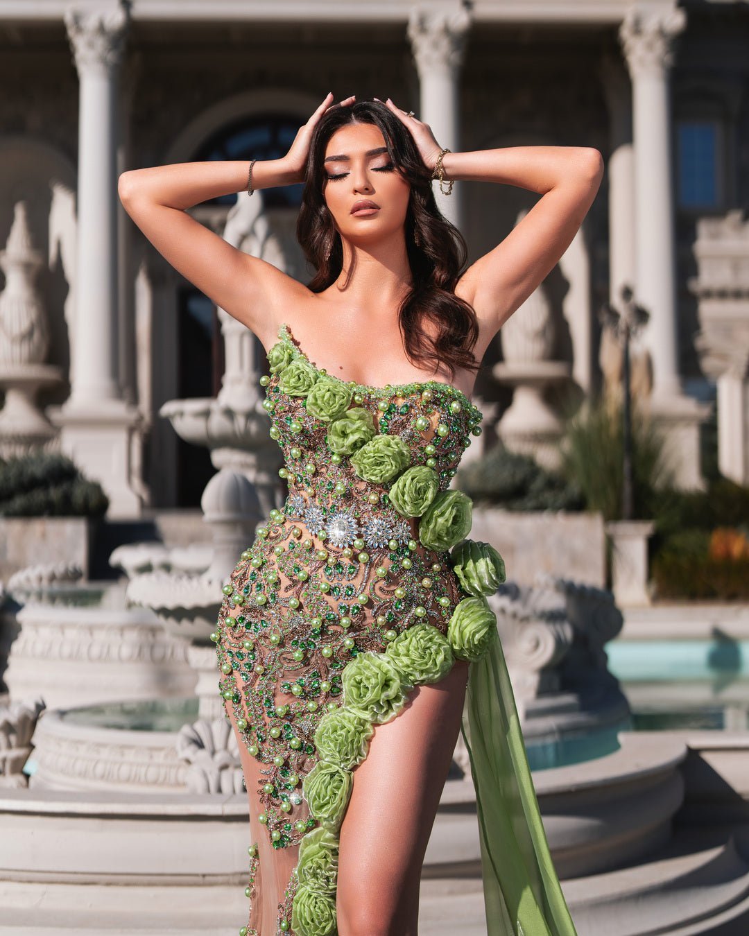 Adaida Green Dress with a Deep Slit and Floral Design - BLINI