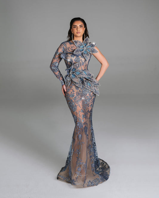 Adelaide Blue Dress with Floral Design - BLINI