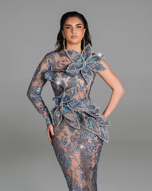Adelaide Blue Dress with Floral Design - BLINI
