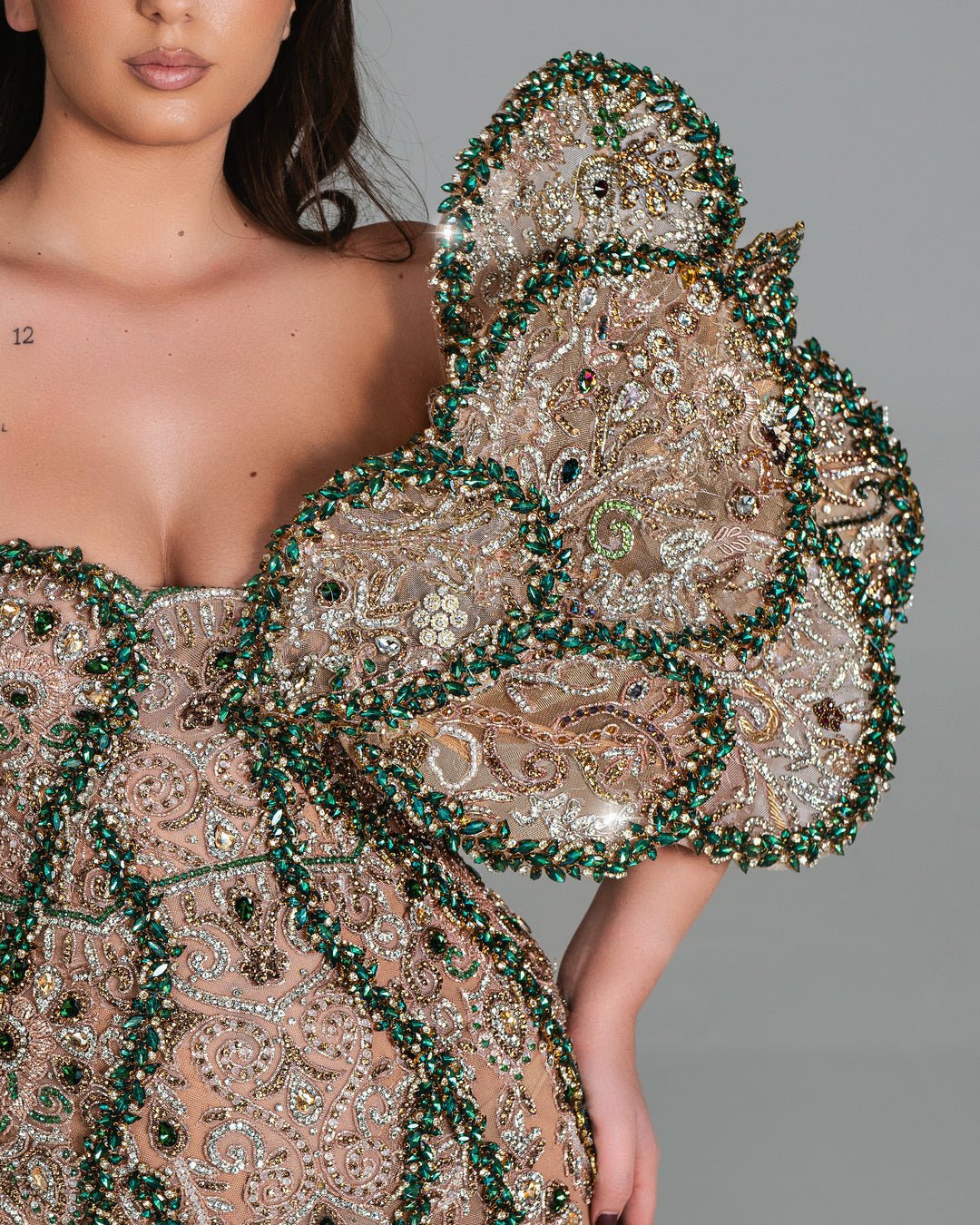 Adelie Nude Dress with Green and Crystal Embellishments - BLINI