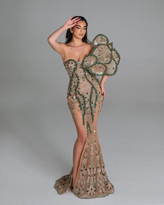 Adelie Nude Dress with Green and Crystal Embellishments - BLINI