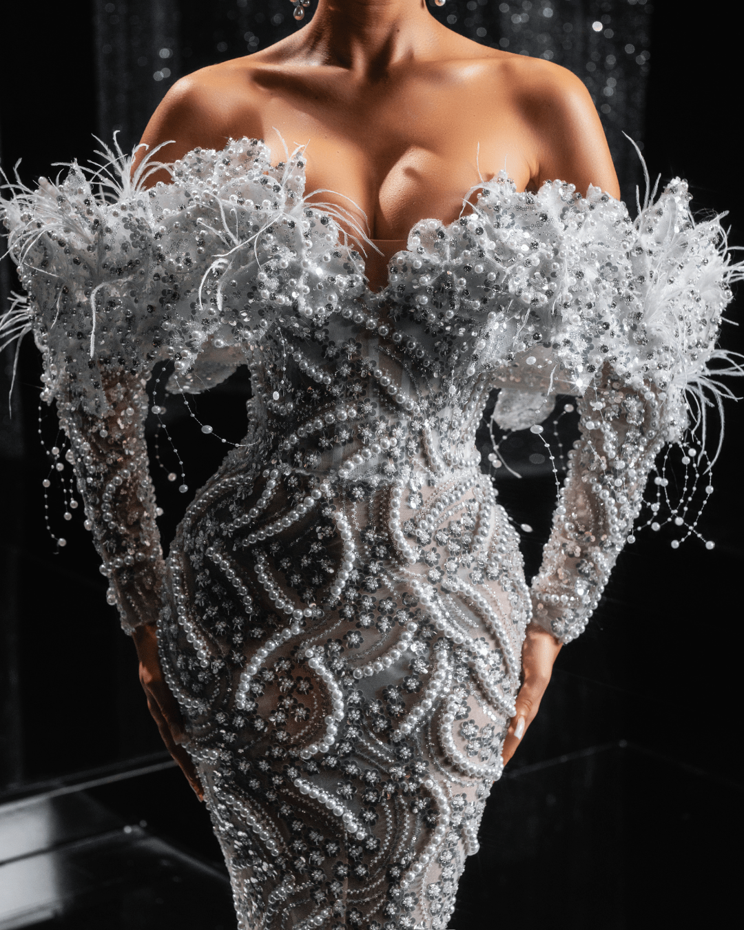 Adryanna Bridal Dress with Pearls and Feathers - BLINI