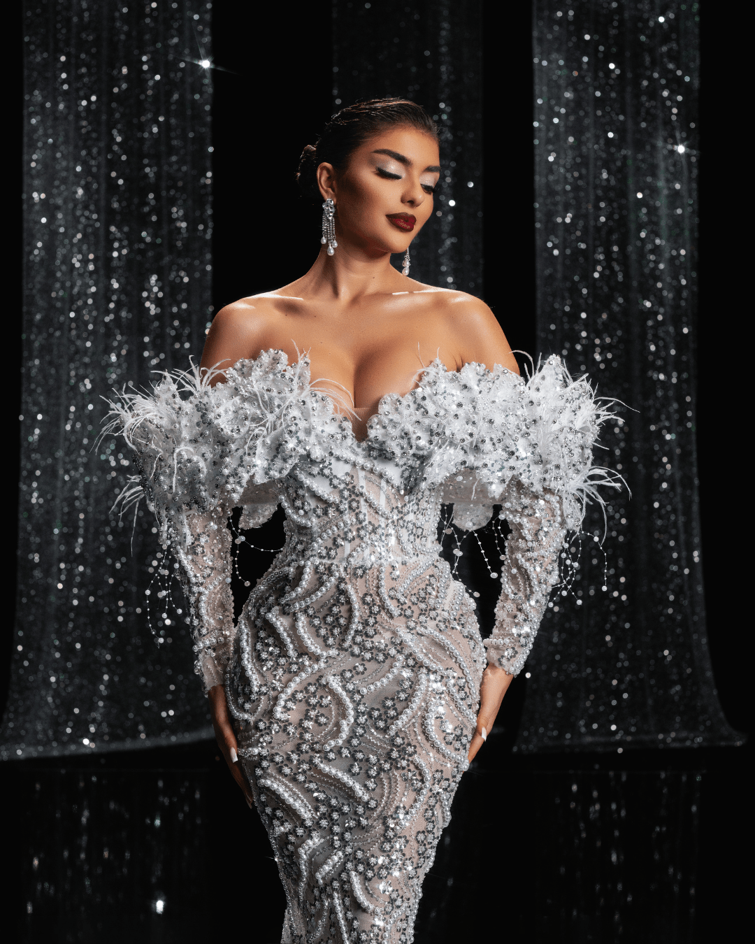 Adryanna Bridal Dress with Pearls and Feathers - BLINI