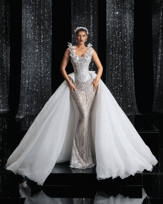 Aerine Bridal Dress with Cape and Feathers - BLINI
