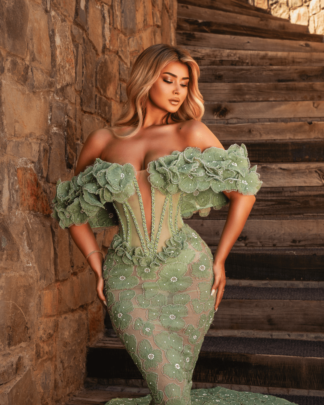 Ajone Long Dress Off Shoulder with Flowers - BLINI