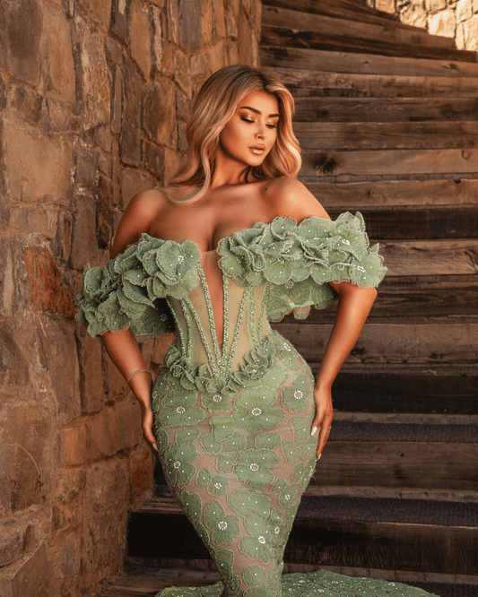 Ajone Long Dress Off Shoulder with Flowers - BLINI