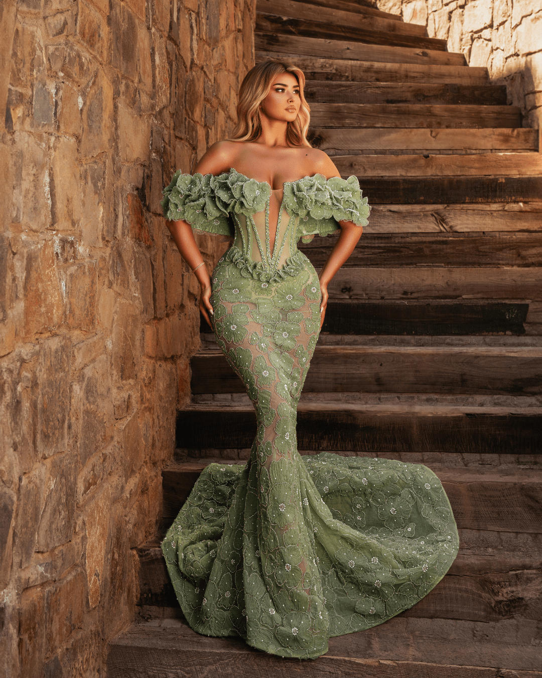 Ajone Long Dress Off Shoulder with Flowers - BLINI