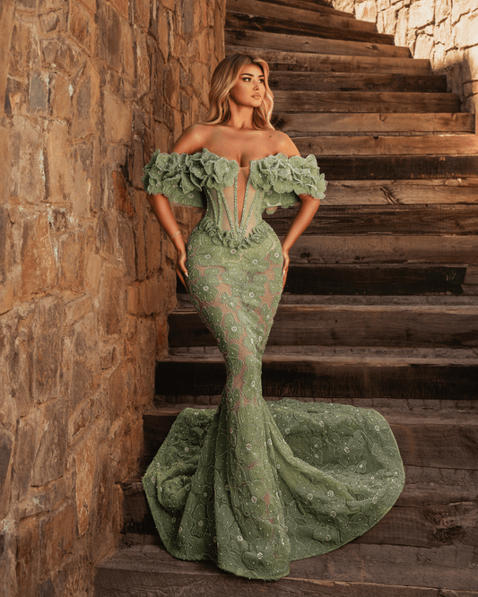 Ajone Long Dress Off Shoulder with Flowers - BLINI