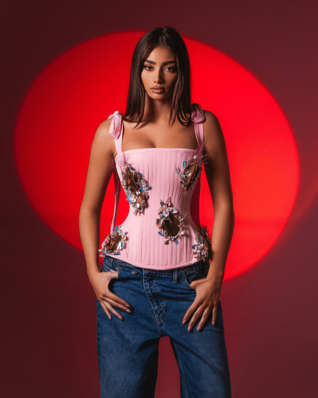 Albese Pink Sleeveless Corset with Crystals - BLINI