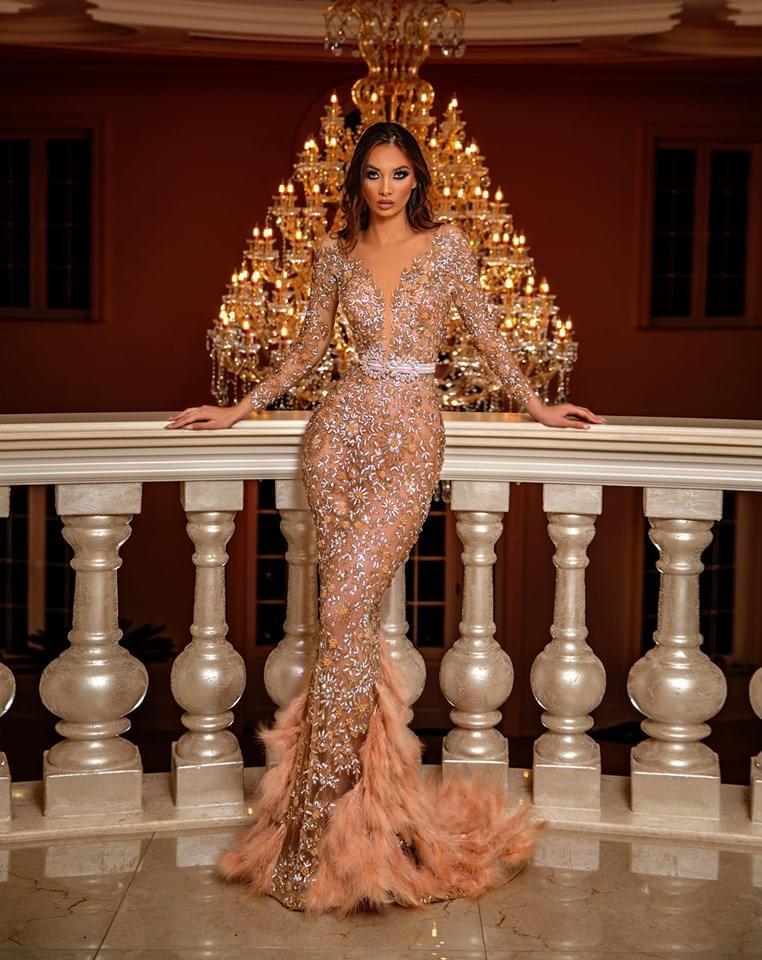 Aleema Stone Embellished Dress and Feathered Cape - BLINI