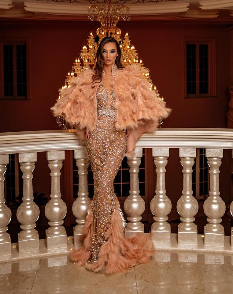 Aleema Stone Embellished Dress and Feathered Cape - BLINI