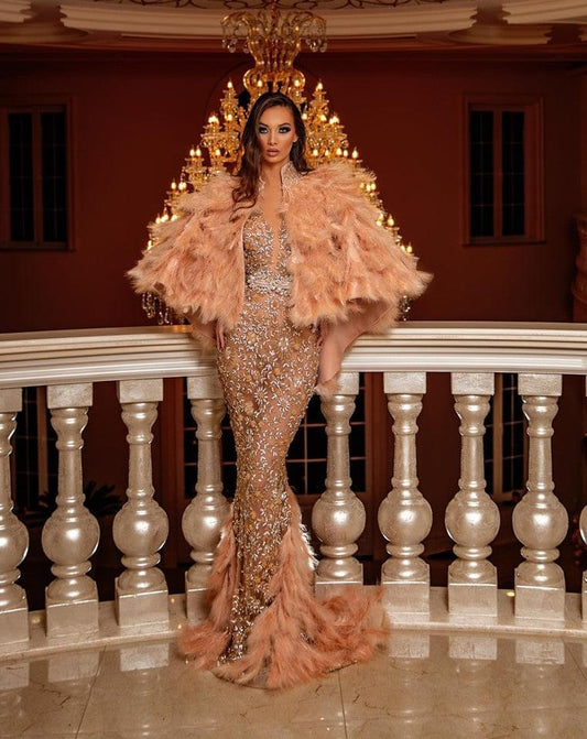 Aleema Stone Embellished Dress and Feathered Cape - BLINI