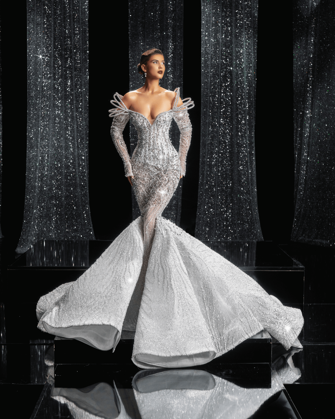 Alisian Bridal Dress with Low Capes and Crystals - BLINI