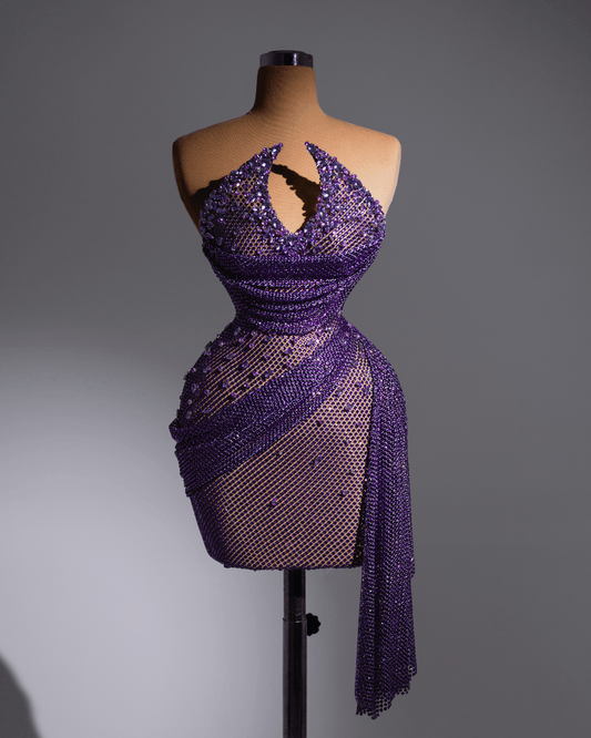 Alkea Purple Short Sleeveless Dress with Side Cape and Crystals - BLINI