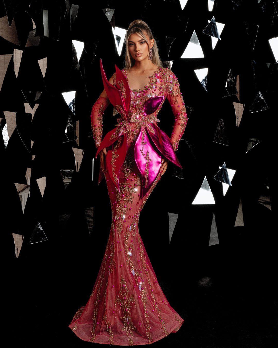 Amarissa Pink Dress with Beads and Metallic Leather - BLINI