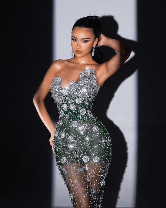 Amaya Emerald Green Long Sleeveless Dress with Crystals - BLINI