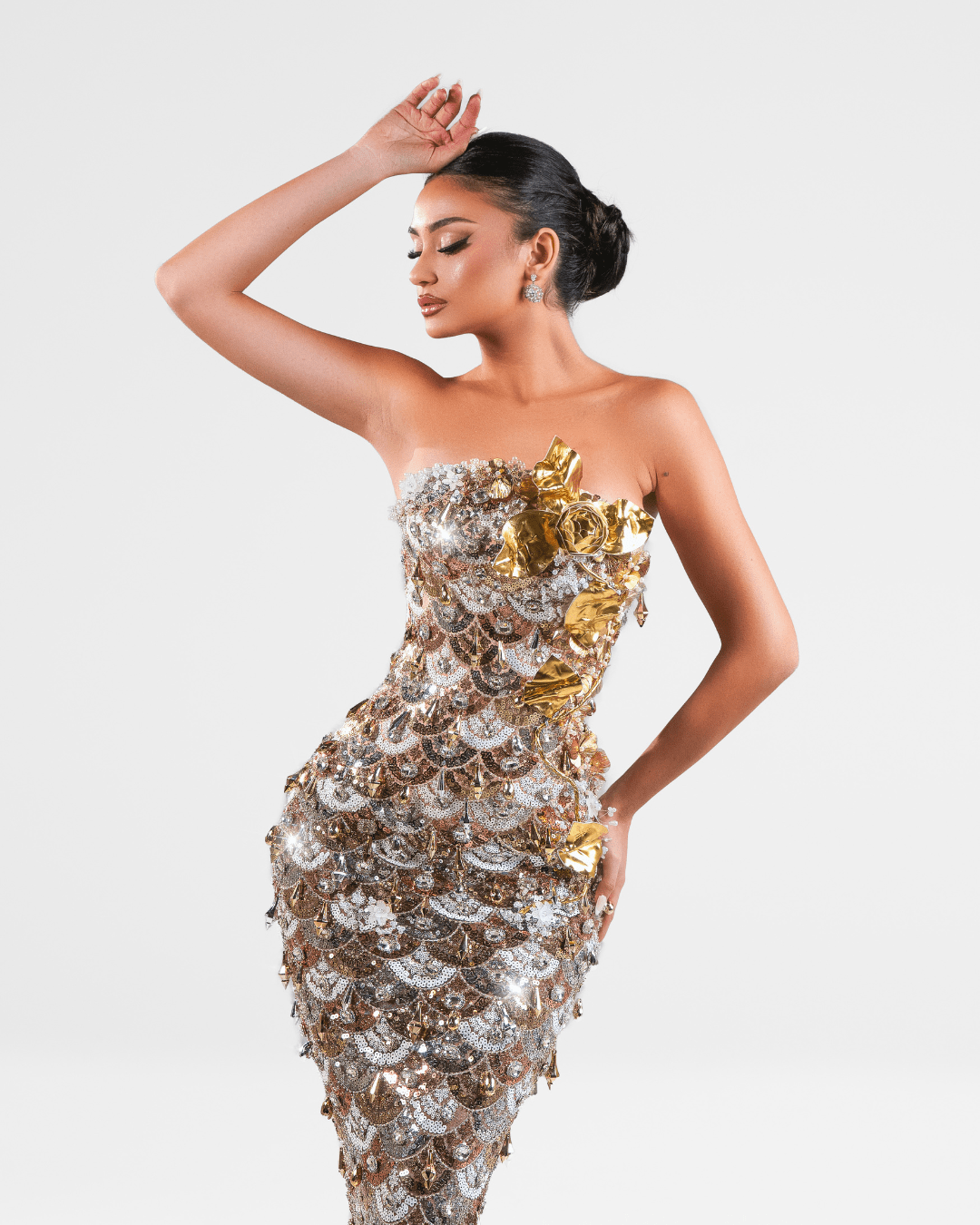 Anuya Gold Long Sleeveless Dress with Crystals and Flowers - BLINI