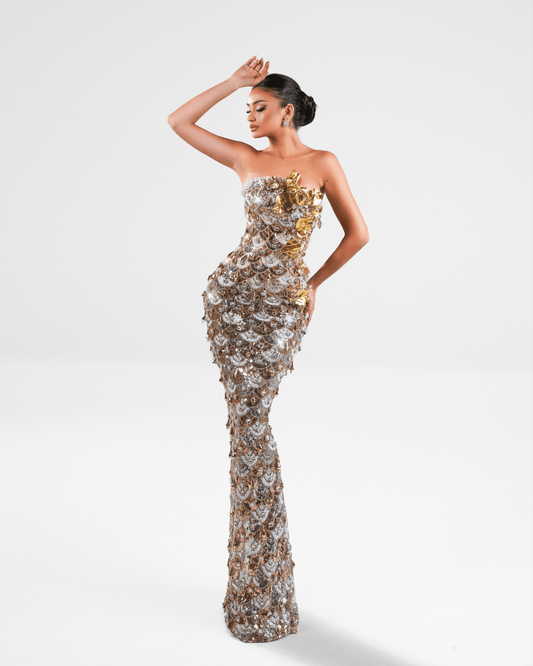 Anuya Gold Long Sleeveless Dress with Crystals and Flowers - BLINI