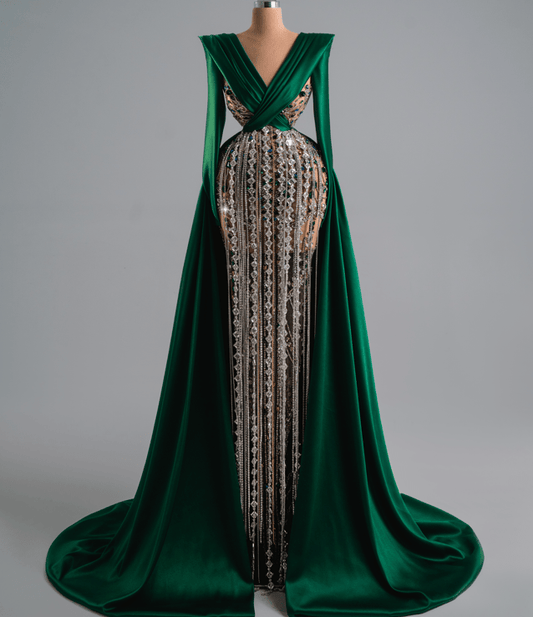 Argenta Emerald Green Long Dress With Silver Stones - BLINI
