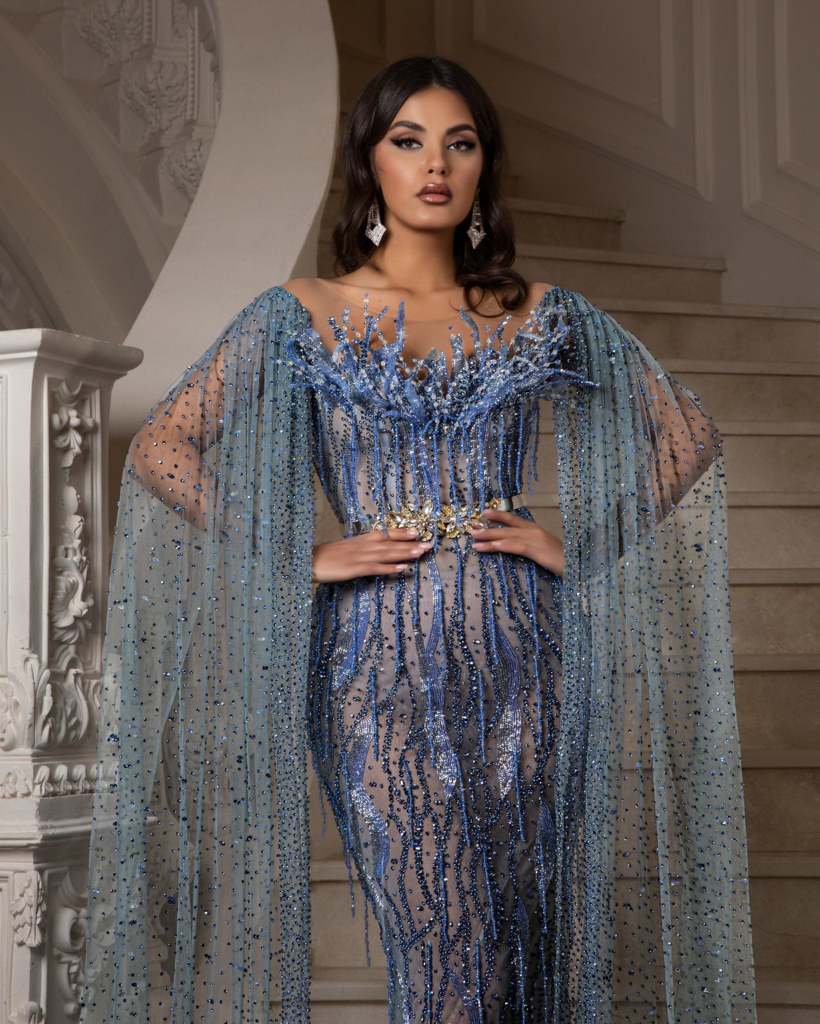 Ariel Off - Shoulder Dress with Side Cape - BLINI