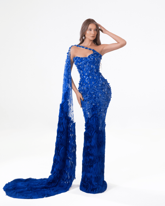 Aryene Blue Sleeveless Dress with Crystals and Side Cape - BLINI