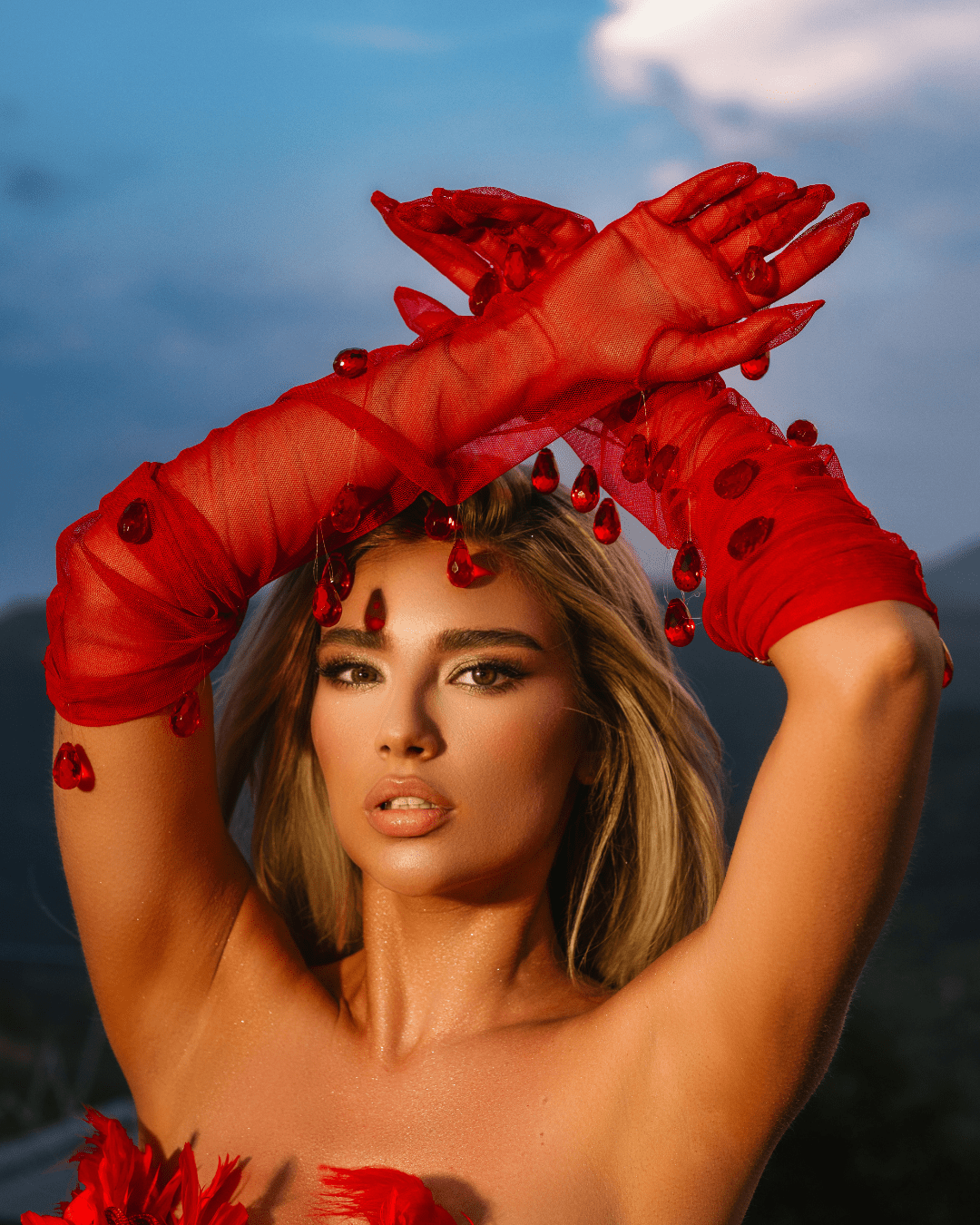 Atele Red Dress with Crystals and Feathers - BLINI