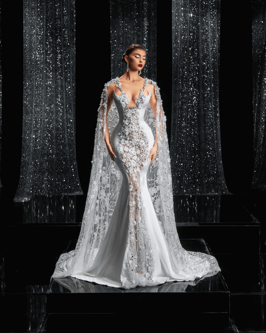 Aurora Bridal Dress with Cape and Pearls - BLINI