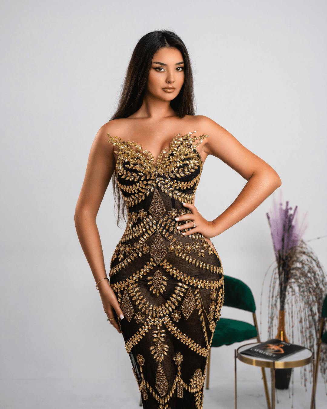 Banele Black Long Dress with Gold Crystals - BLINI
