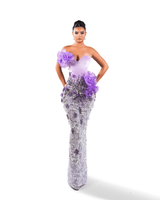 Baona Purple Long Sleeveless Dress with Crystals and Flowers - BLINI
