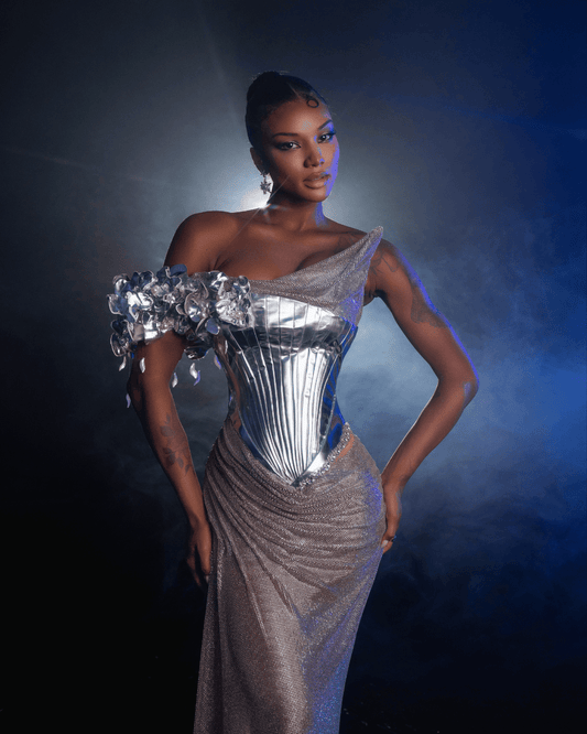 Baore Silver Dress with Flowers and Metallic Leather - BLINI