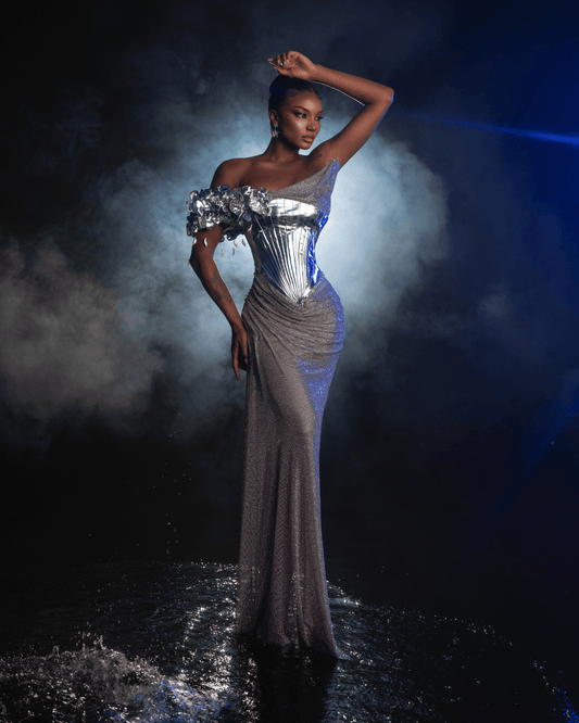 Baore Silver Dress with Flowers and Metallic Leather - BLINI