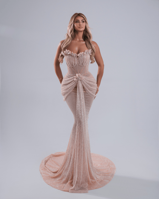 Belenia Pink Long Dress with Crystals and Flowers - BLINI