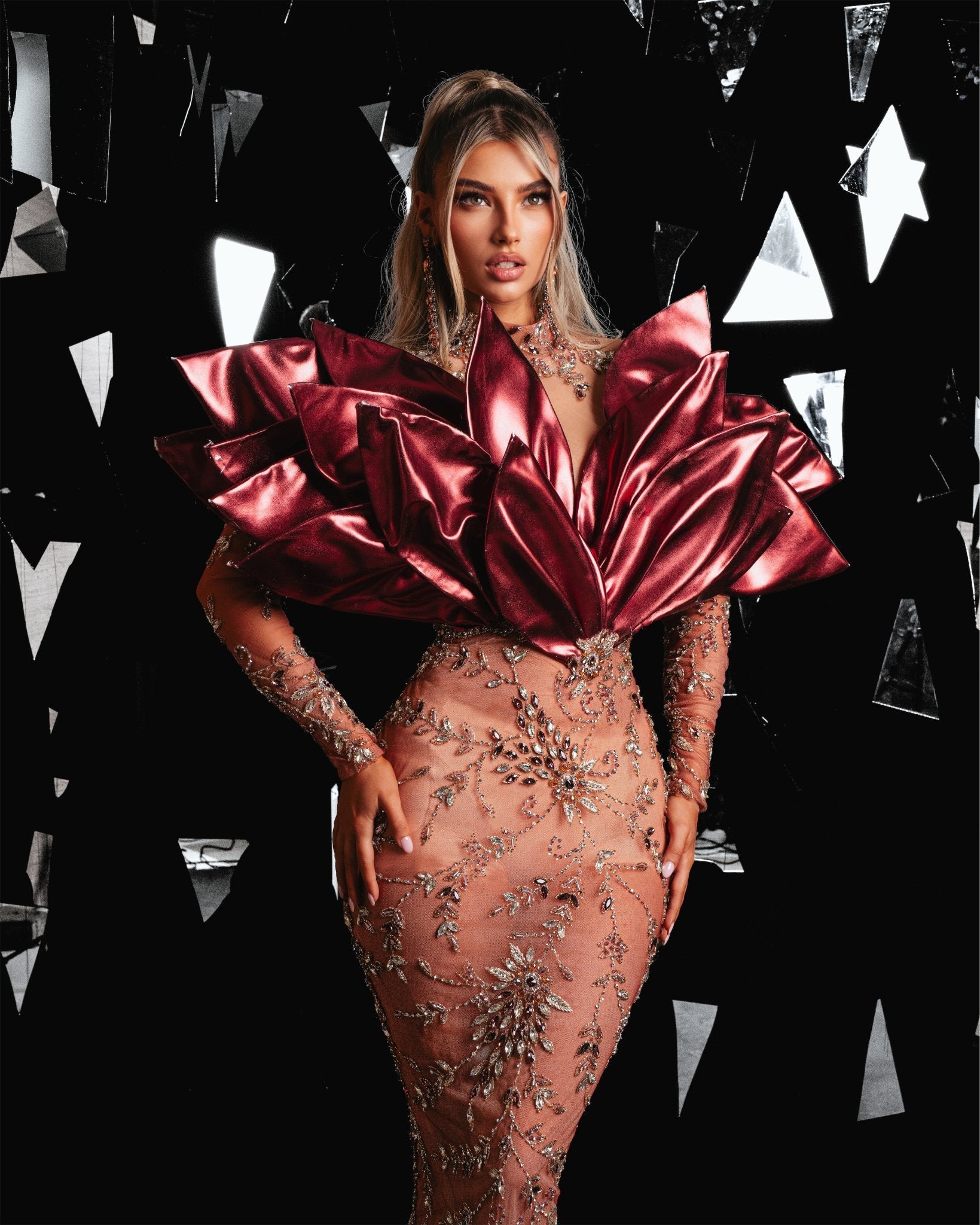 Berista Couture Dress with Stones and Metallic Leather - BLINI