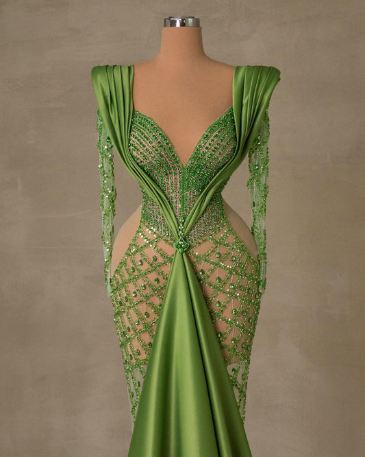 Blaire Green Dress with Long Sleeves and Cut Outs - BLINI