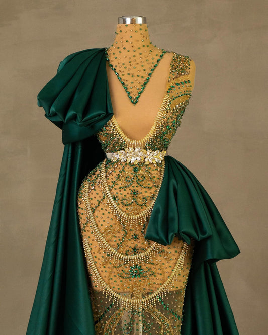 Blaisley Gold Dress with Green Cape and Tail - BLINI