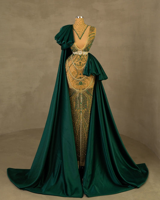 Blaisley Gold Dress with Green Cape and Tail - BLINI