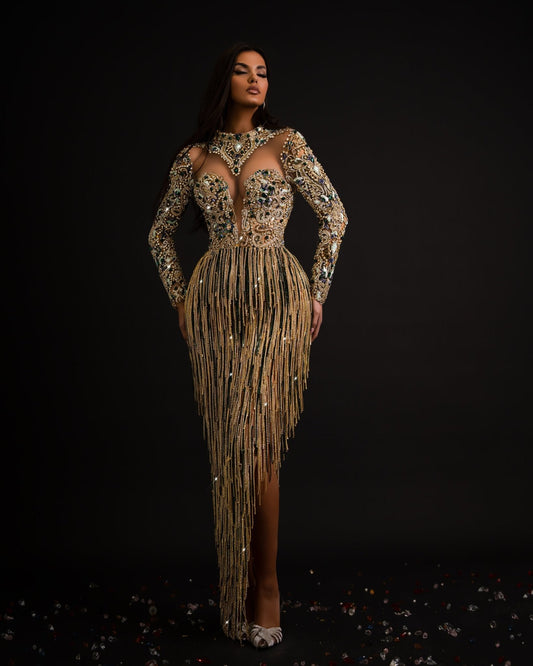 Blanka Gold Dress with Tassels and Deep Slit - BLINI