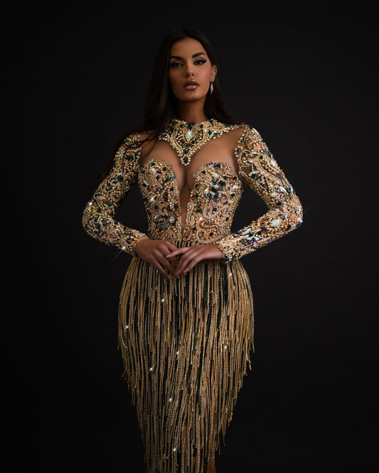 Blanka Gold Dress with Tassels and Deep Slit - BLINI