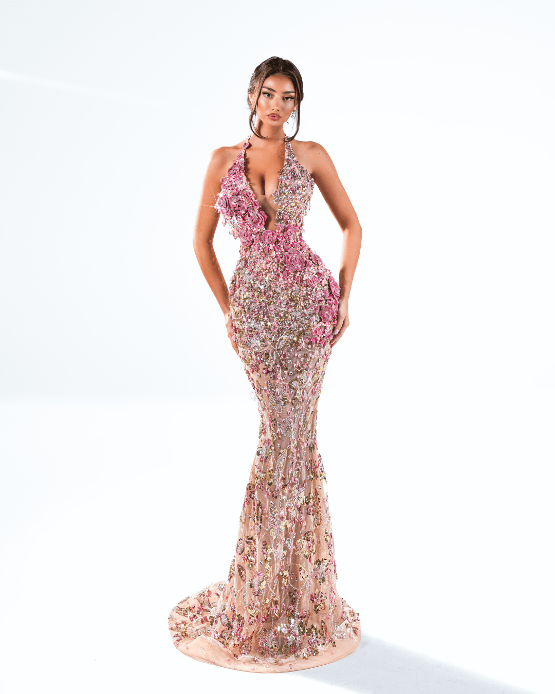 Blenea Pink Long Sleeveless Dress with Crystals and Feathers - BLINI