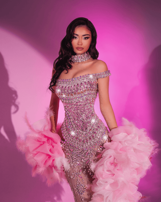 Boena Pink Long Sleeveless Dress with Crystals and Cape - BLINI