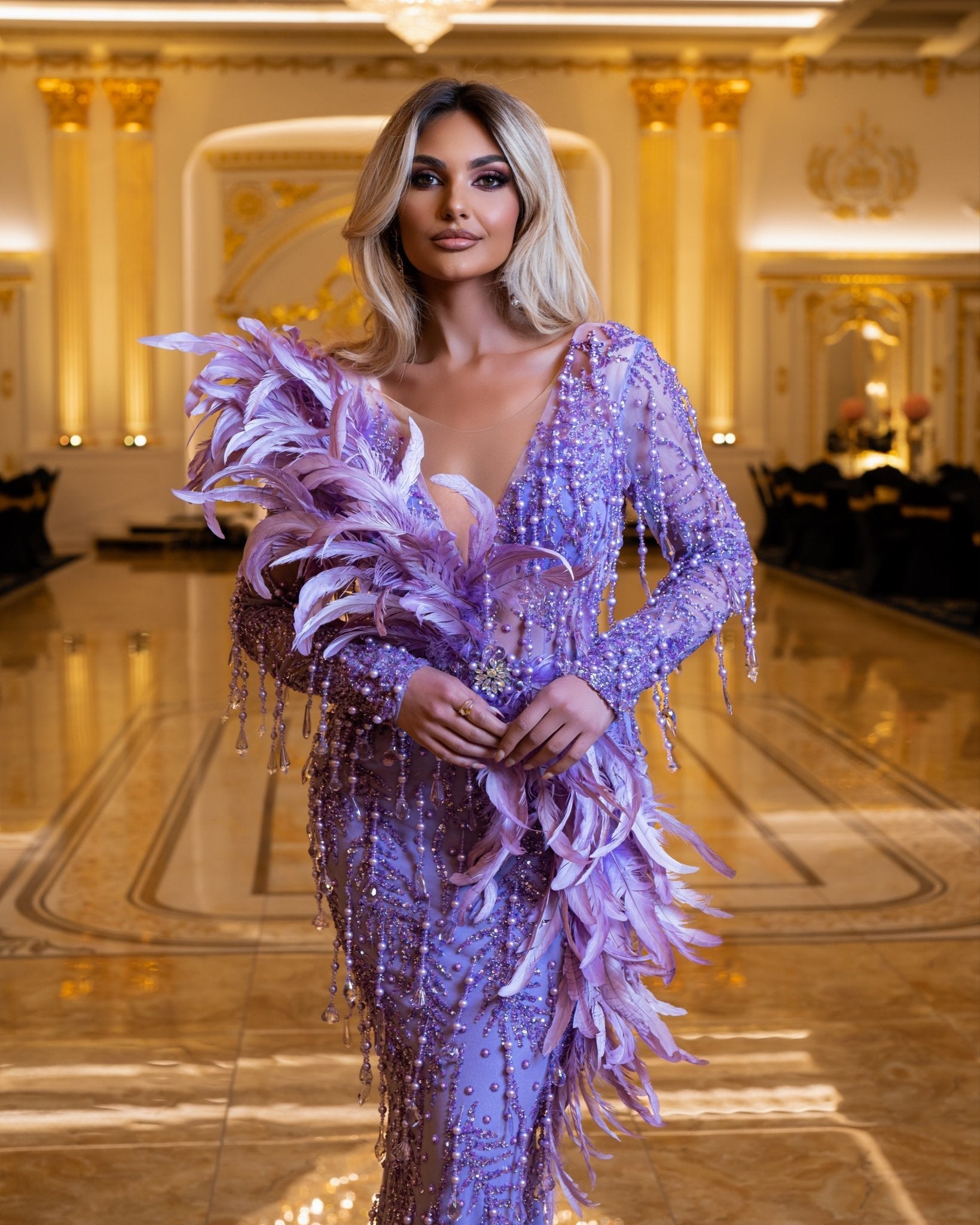 Briallen Purple Dress Embellished with Stones and Feathers - BLINI