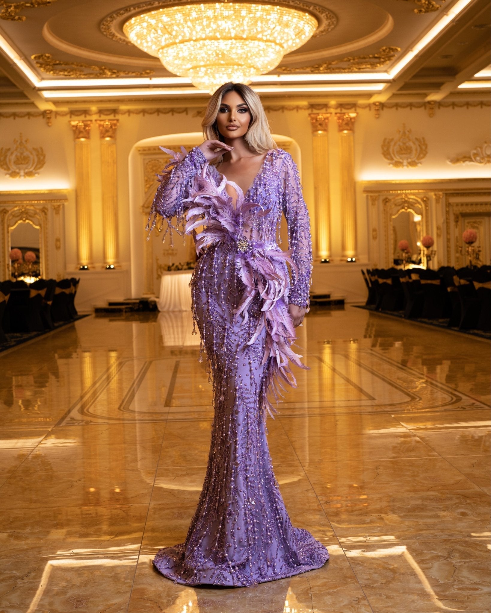 Briallen Purple Dress Embellished with Stones and Feathers - BLINI