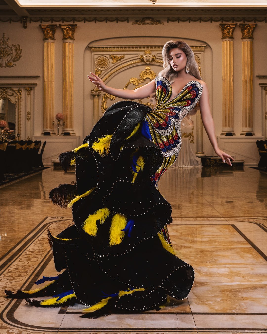 Butterfly Black Dress with Crystals and Feathers - BLINI