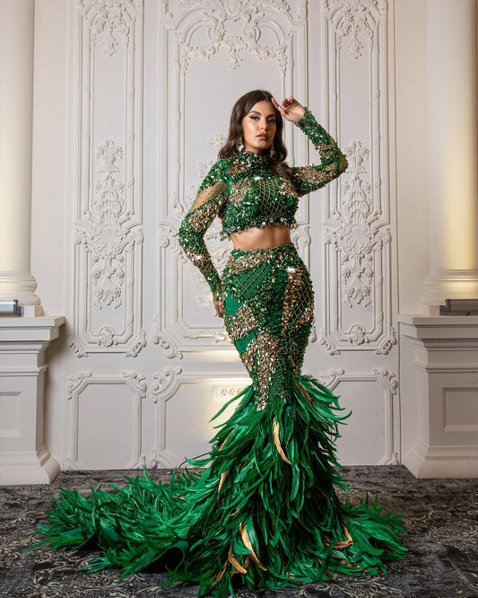 Cactus Two Piece Dress Adorned with Stones and Feathers - BLINI