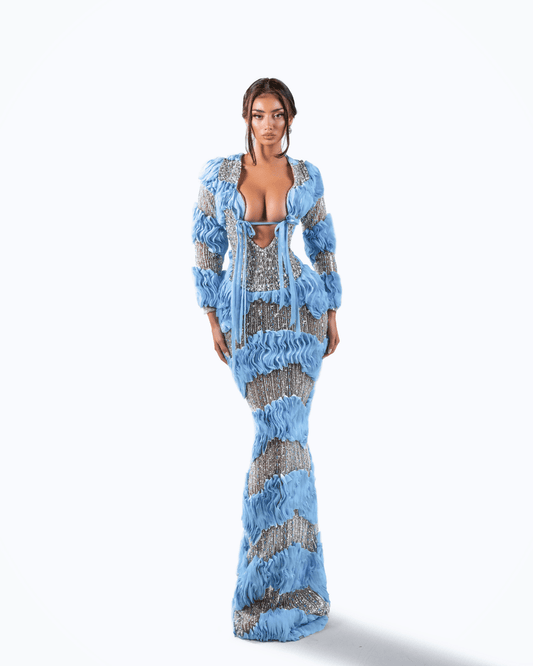 Calone Blue Long Dress with Crystals and Cut - Outs - BLINI