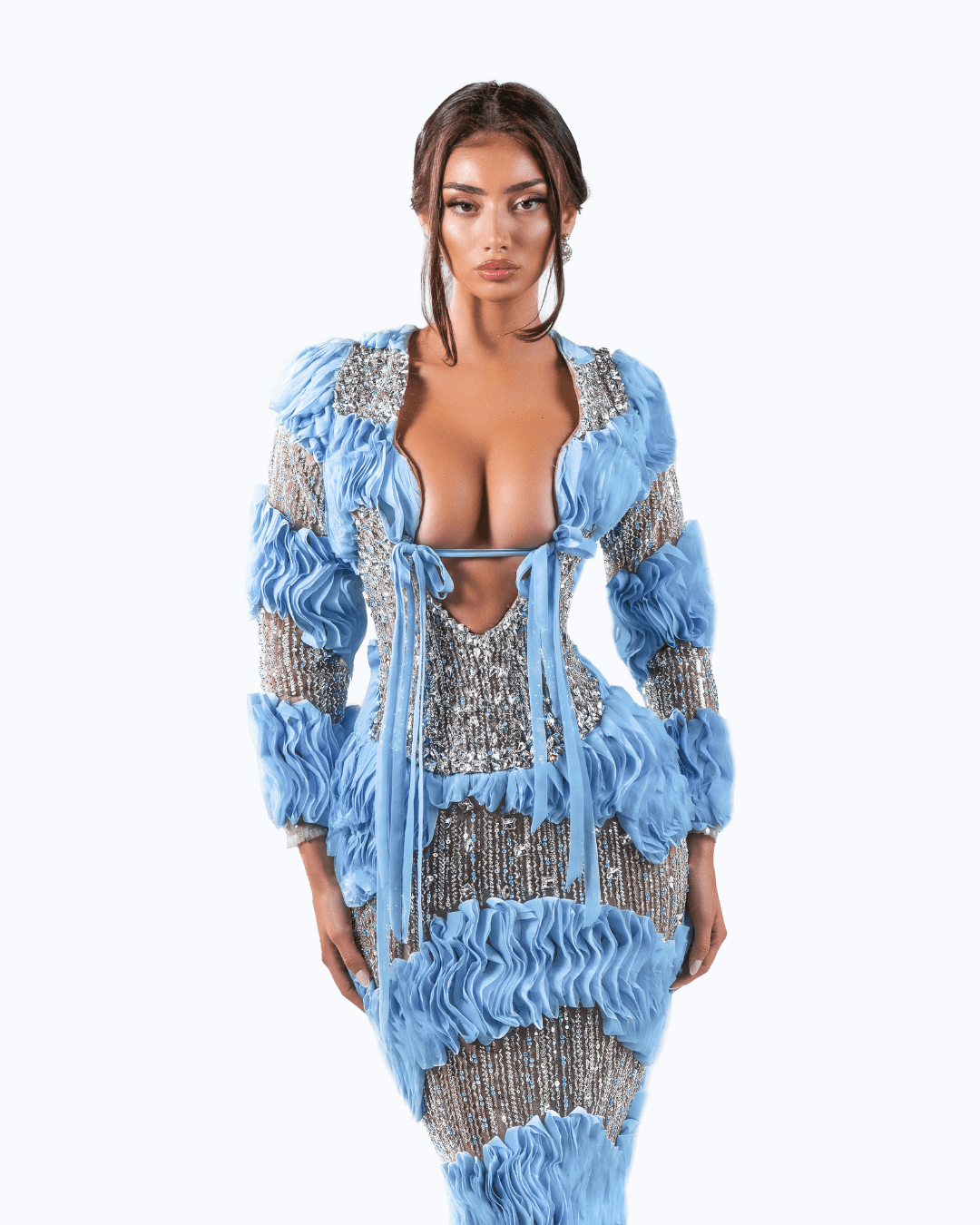 Calone Blue Long Dress with Crystals and Cut - Outs - BLINI