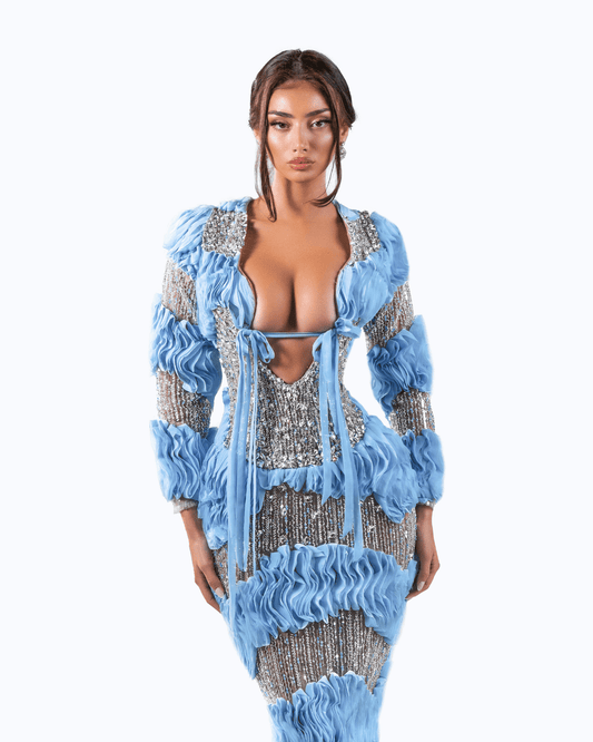 Calone Blue Long Dress with Crystals and Cut - Outs - BLINI