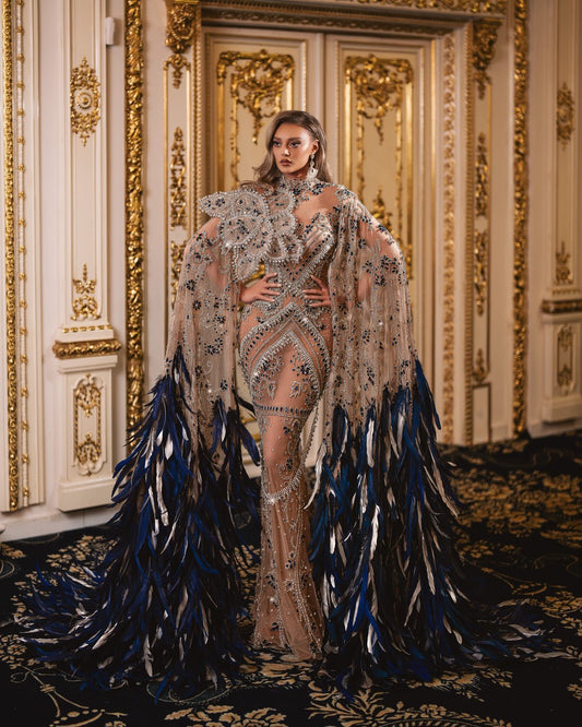 Charlotte Silver Dress with Navy Blue Stones and Feathers - BLINI