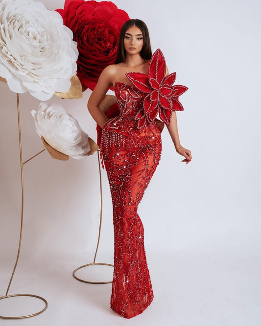 Chiaara Red Dress with Flower and Stones - BLINI