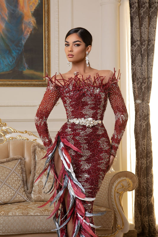 Clary Off - Shoulder Deep Slit Dress - BLINI